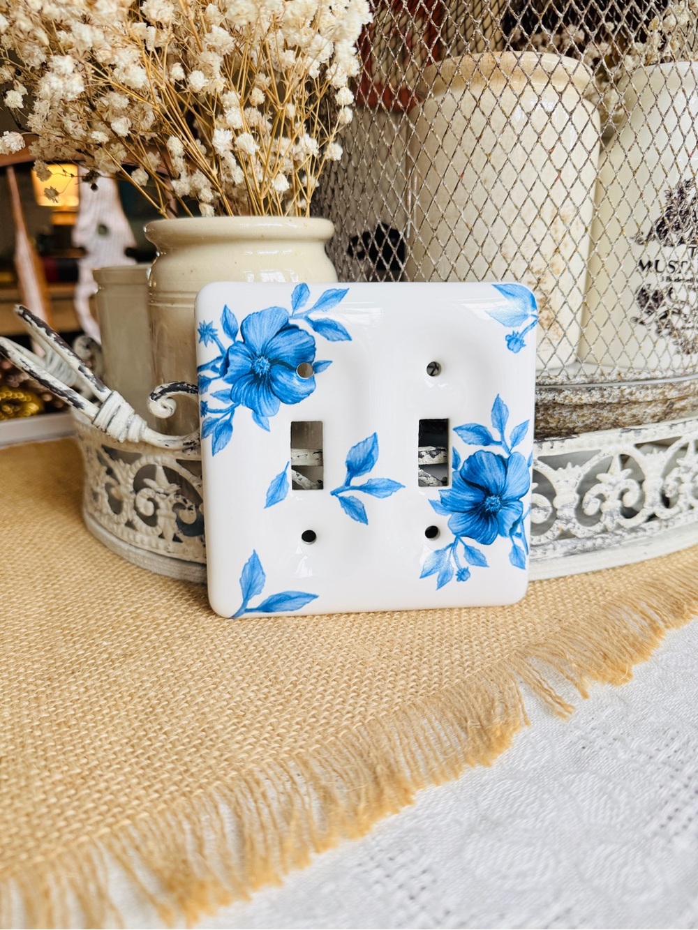 Vintage Blue Floral Ceramic Double Toggle Light Switch Cover - Picture 4 of 6